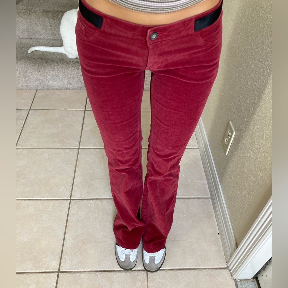 Vintage y2k burgundy bareback corduroy low rise flare pants 2000s grunge